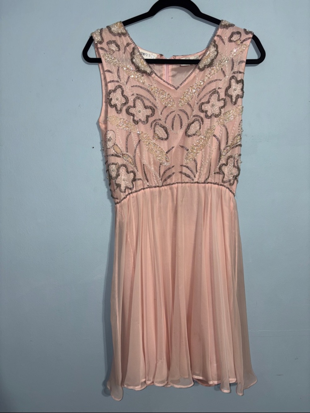 Vintage 80s Swee Lo Hand Beaded Chiffon Cocktail Dress Pink Petite - AS IS